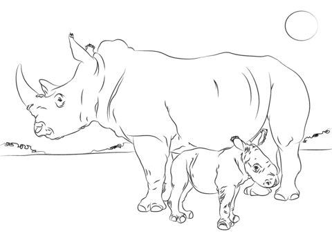 Cute Rhino Baby With Mother  Coloring Page